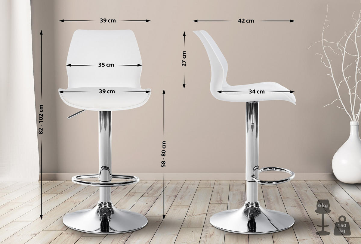 BARHOCKER 2er Set Kunststoff weiß - Chromfarben/Weiß, Kunststoff/Textil (39/82/42cm) - CLP