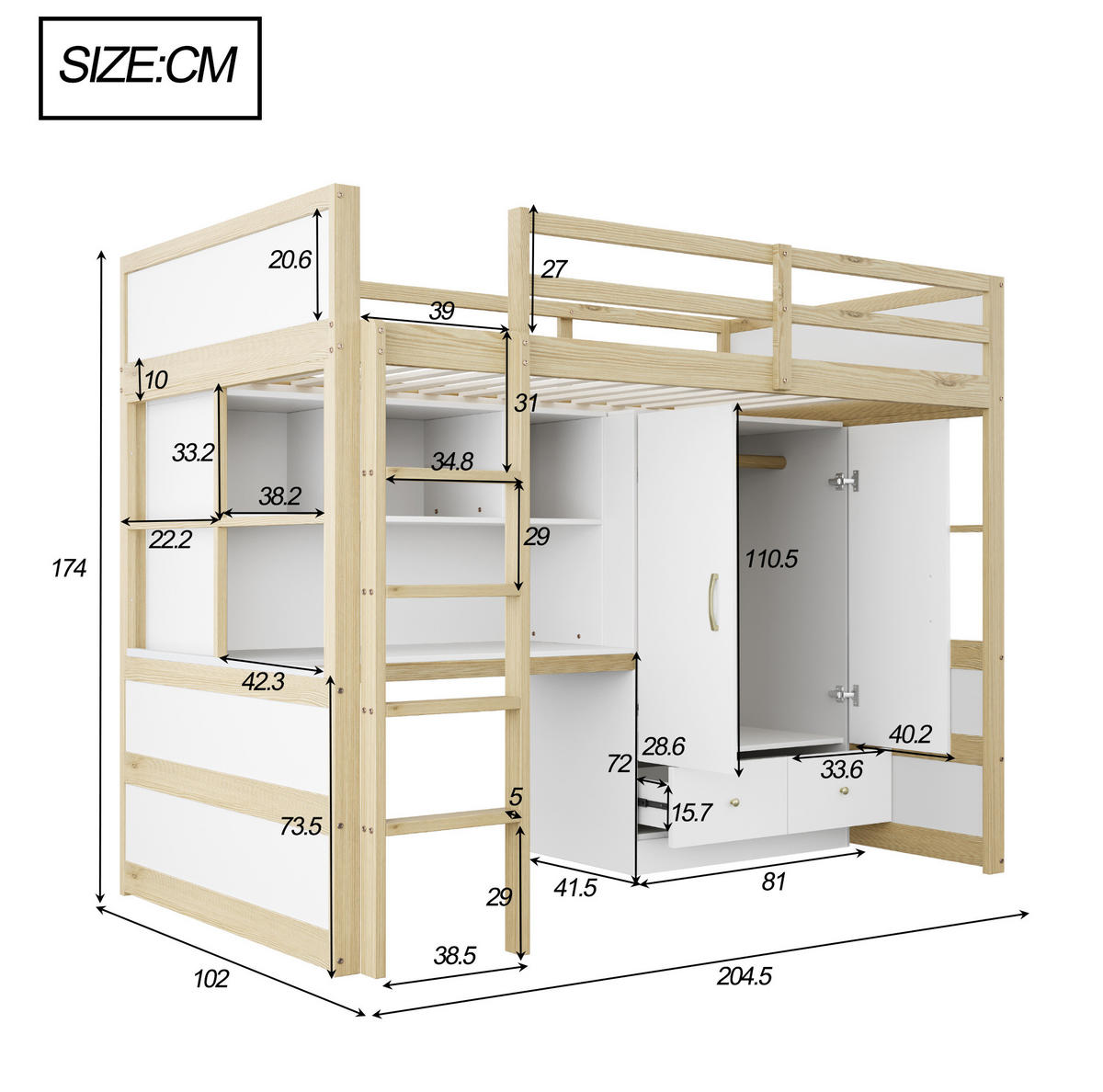 HOCHBETT 90/200 cm in Naturfarbe mit Schreibtisch, Kleiderschrank und Schubladen - Naturfarben, Holz (90/200cm) - Flora Grace