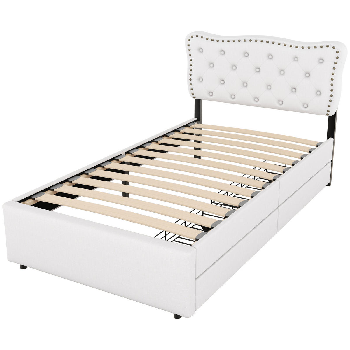 POLSTERBETT 90/200 cm hellbeige mit zwei Schubladen und verstellbarem Nachttisch - Beige, Textil (90/200cm) - OKWISH