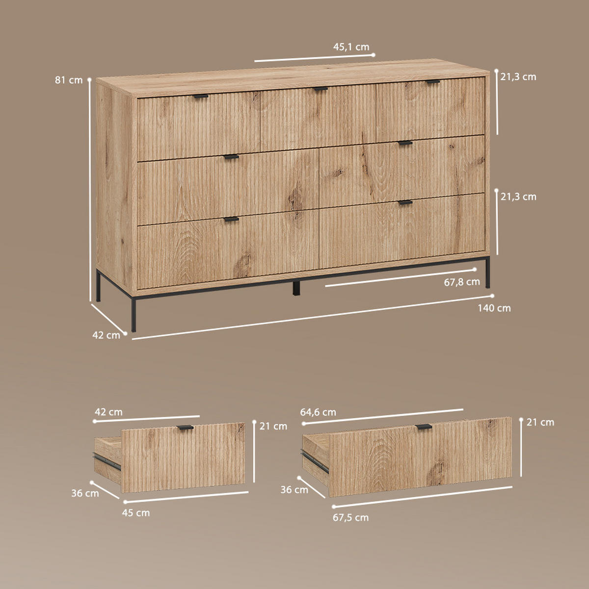 SIDEBOARD Aterno Viking Oak 42 x 81 cm mit 7 Schubladen - Eichefarben, Holzwerkstoff (42/81/140cm) - Livinity®