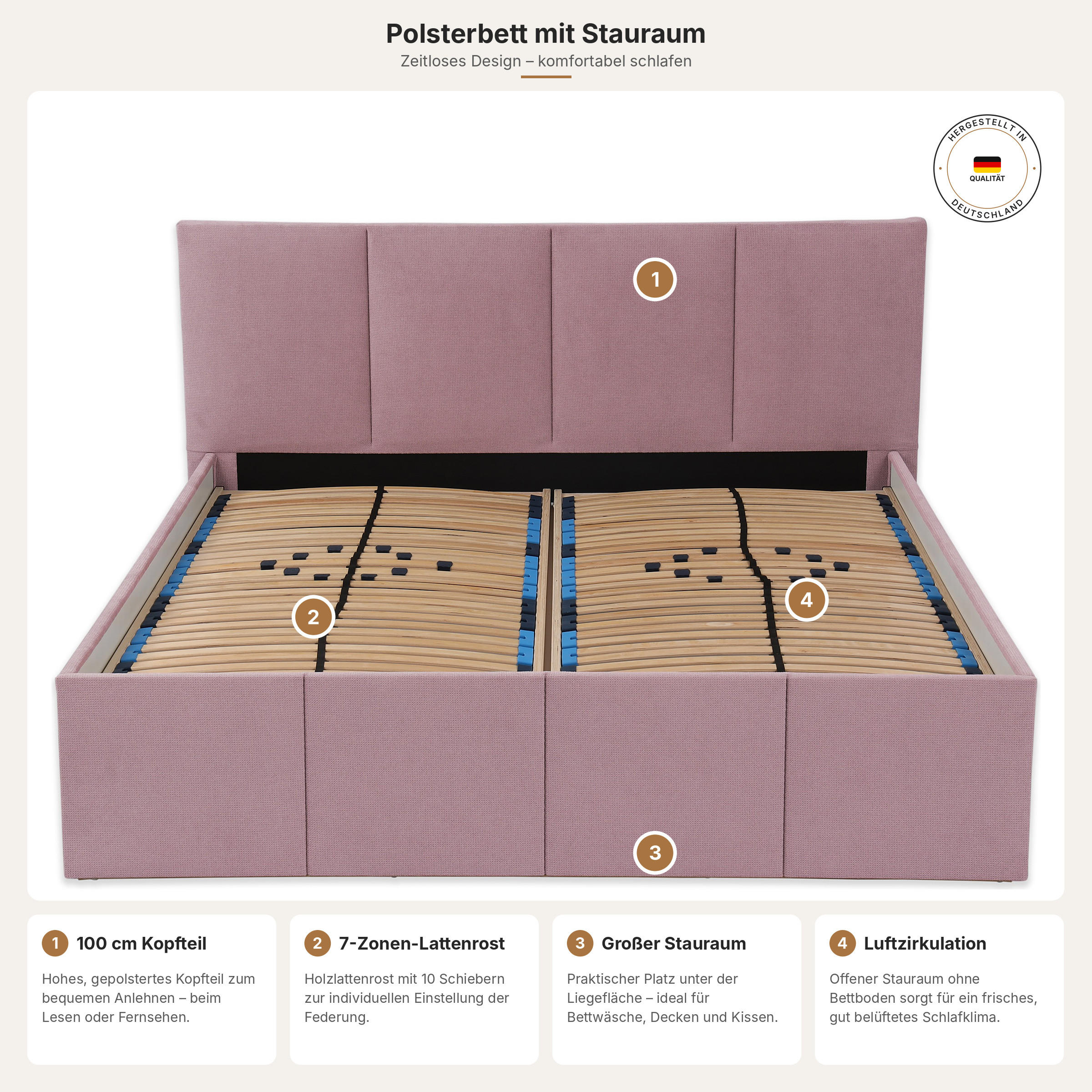 POLSTERBETT Dalas Rose 200 x 200 x 40 cm Stauraum Mit hochwertiger Matratze H2 (bis 100 kg) und Lattenrost - Rosa, Holz (200/200cm) - Halmon Schlafkomfort Betten 