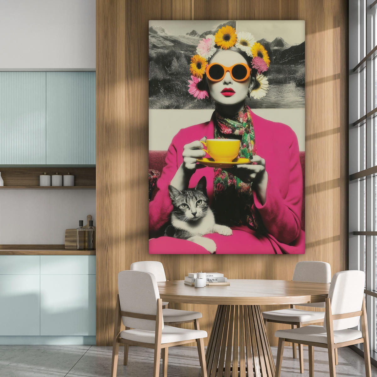OBRAZ NA PLÁTNĚ Žena - kočka - květiny - šálek - retro 90x140 cm - purpurová, textil (90/140cm) - MuchoWow