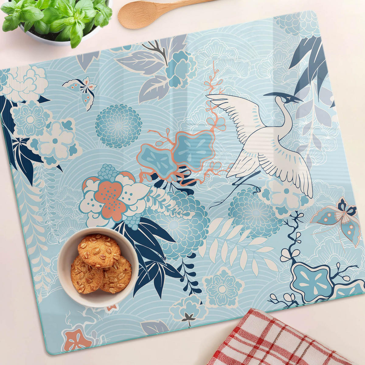 GLASPLATTE 60x52 cm Kranich und Blumen - Blau, Glas (60/0.4/52cm) - TULUP