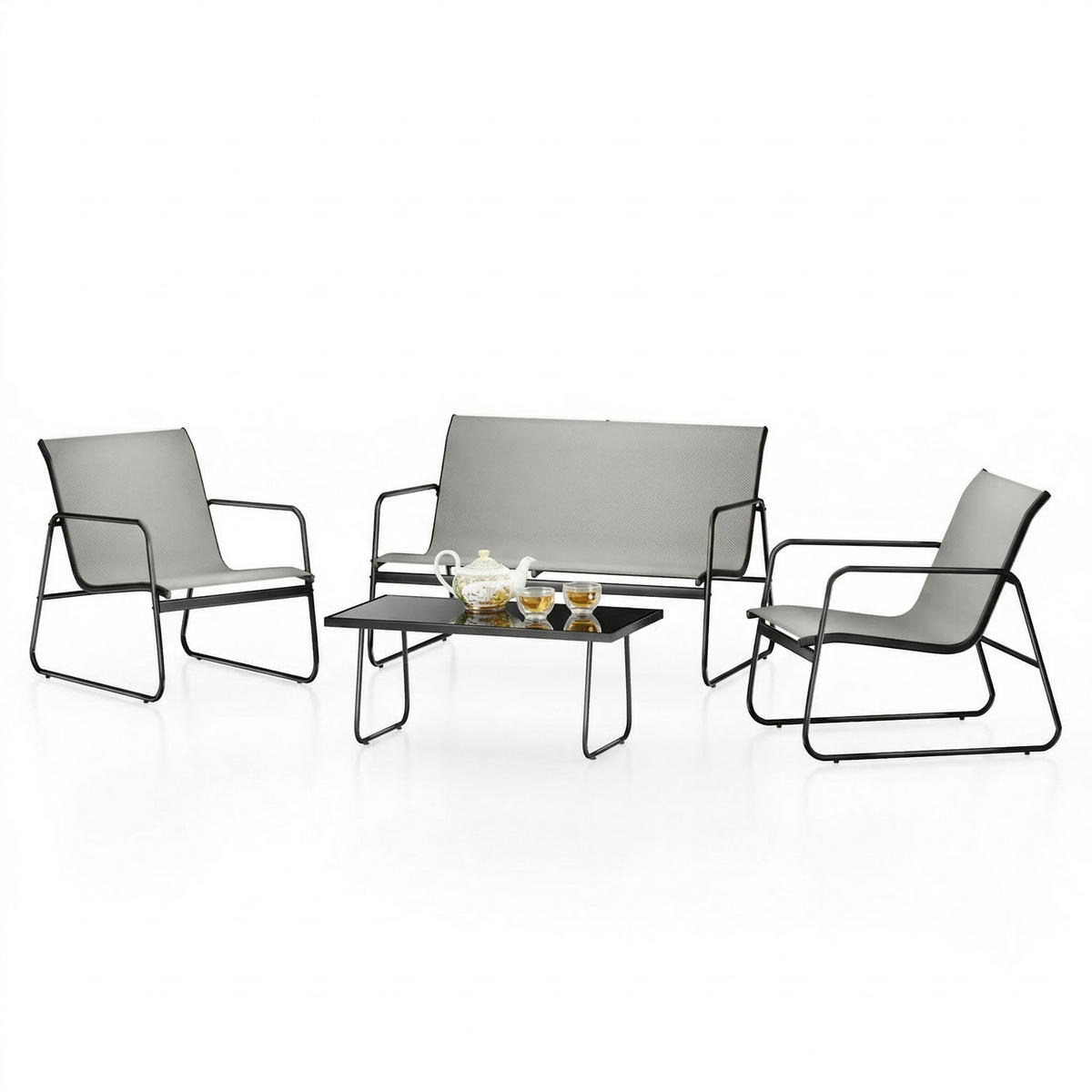 ECKSOFA Gartenmöbel Set 4tlg Schwarz Grau Loungeset - Dunkelgrau, Textil - Rattrix