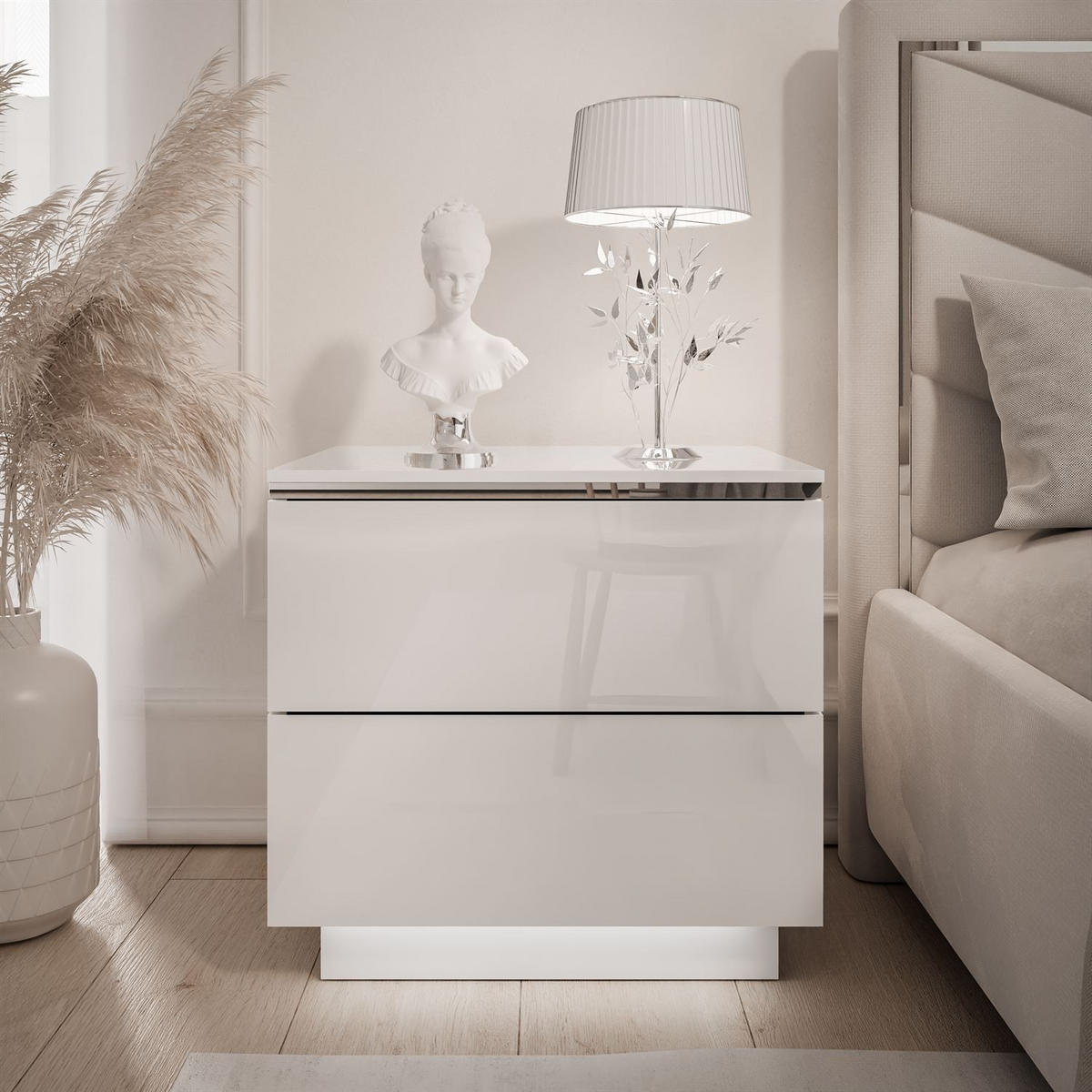 NACHTTISCH AURORA II SILVER Hochglanz Weiß mit LED-Beleuchtung – mit Sockel - Weiß Hochglanz, Holzwerkstoff (50/48/37cm) - Lookway