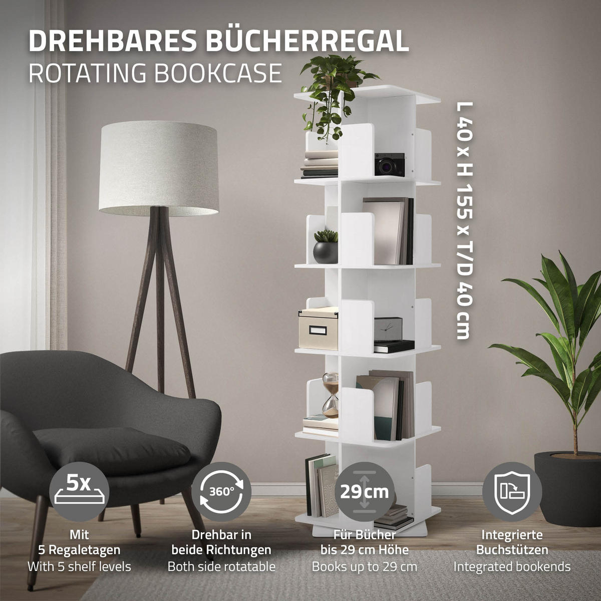 BÜCHERREGAL Kinder mit 5 Ebenen Weiß 40x155x40 cm Drehbar 360 Grad - Weiß, Holzwerkstoff (40/155/40cm) - ML-DESIGN