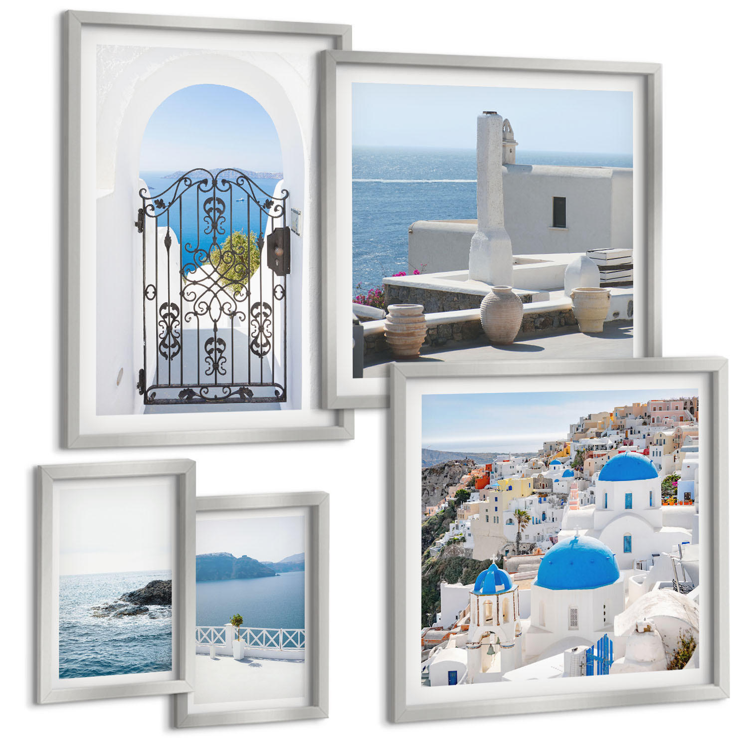 BILDER SET 5er Set - 50x50 cm & 20x30 cm & 40x60 cm Silberner Rahmen - Gebäude am Weißen Meer, Griechenland - Silberfarben, Kunststoff (40/60cm) - TULUP