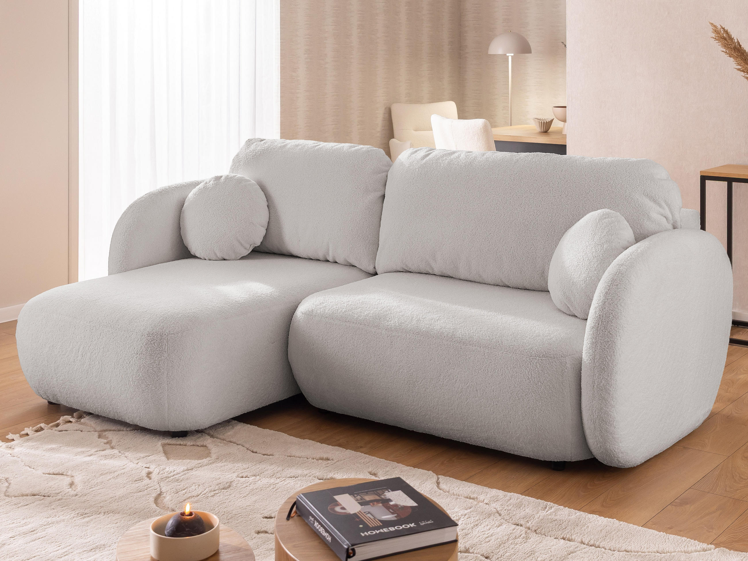 ECKSOFA Candy mit Schlaffunktion Hellgrau Bouclé-Stoff - Ottomane links - Hellgrau/Schwarz, Holz/Kunststoff (230/146cm) - S-Style Möbel
