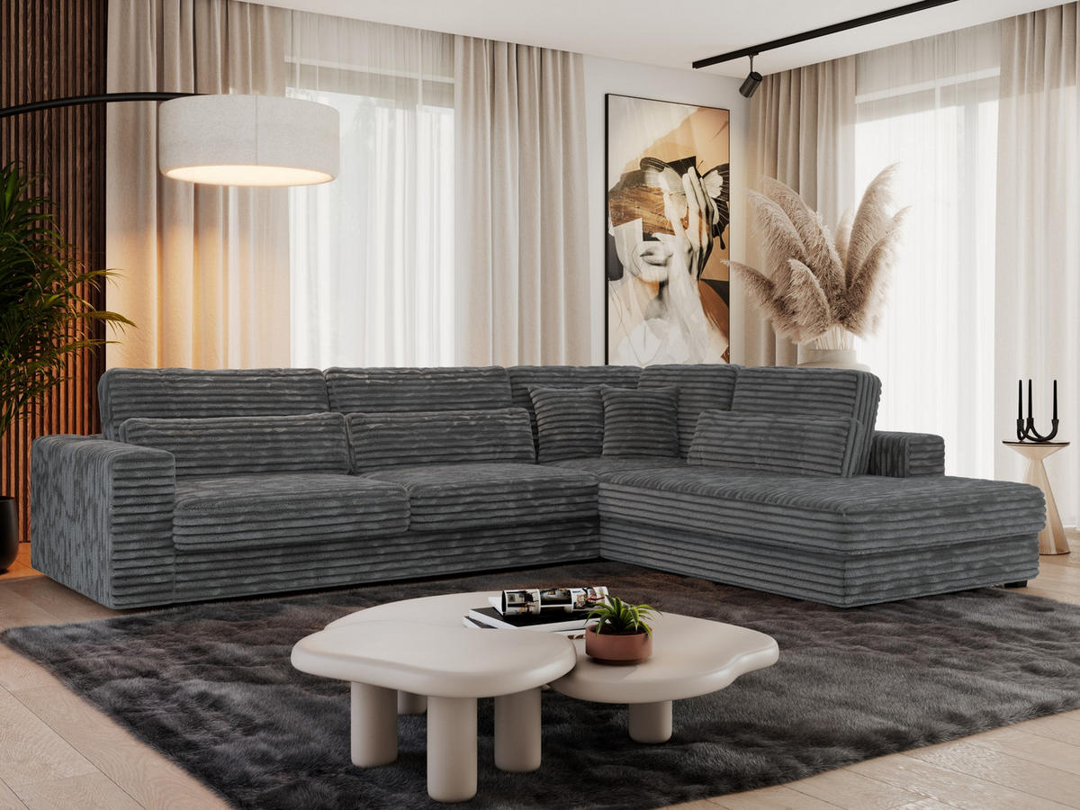 ECKSOFA Savona Dunkelgrau breiter Cord - rechts - Dunkelgrau/Schwarz, Kunststoff/Textil (249/316cm) - MKS