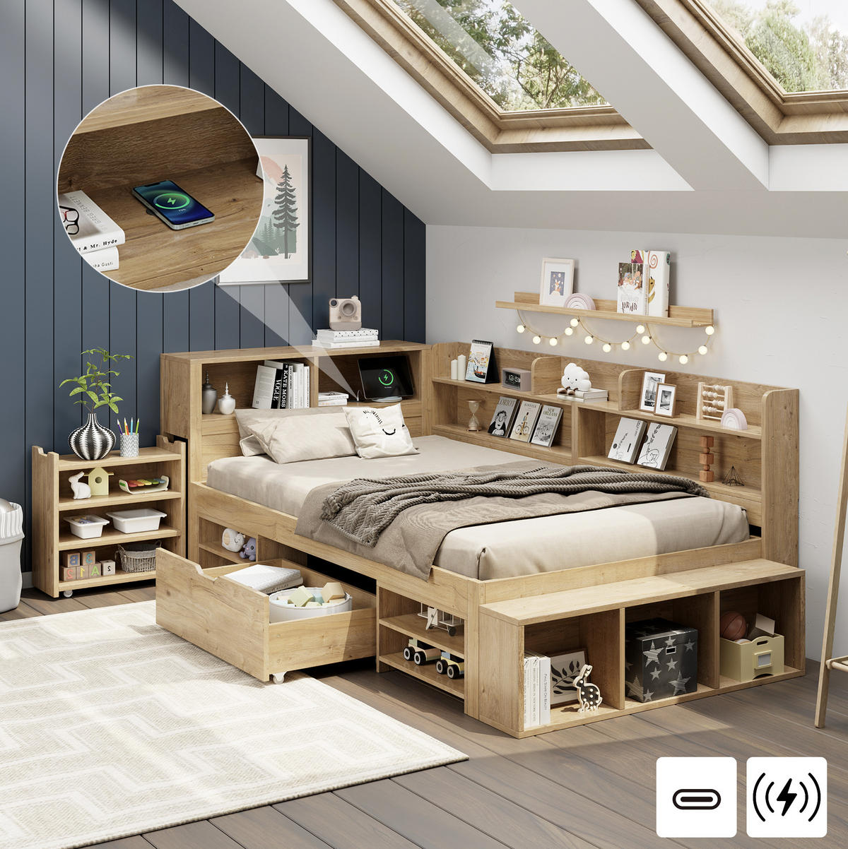 KINDEREINZELBETTEN aus Sperrholz 90x200 cm in Natur mit Stauraum - Naturfarben, Holzwerkstoff (90/200cm) - Modfu