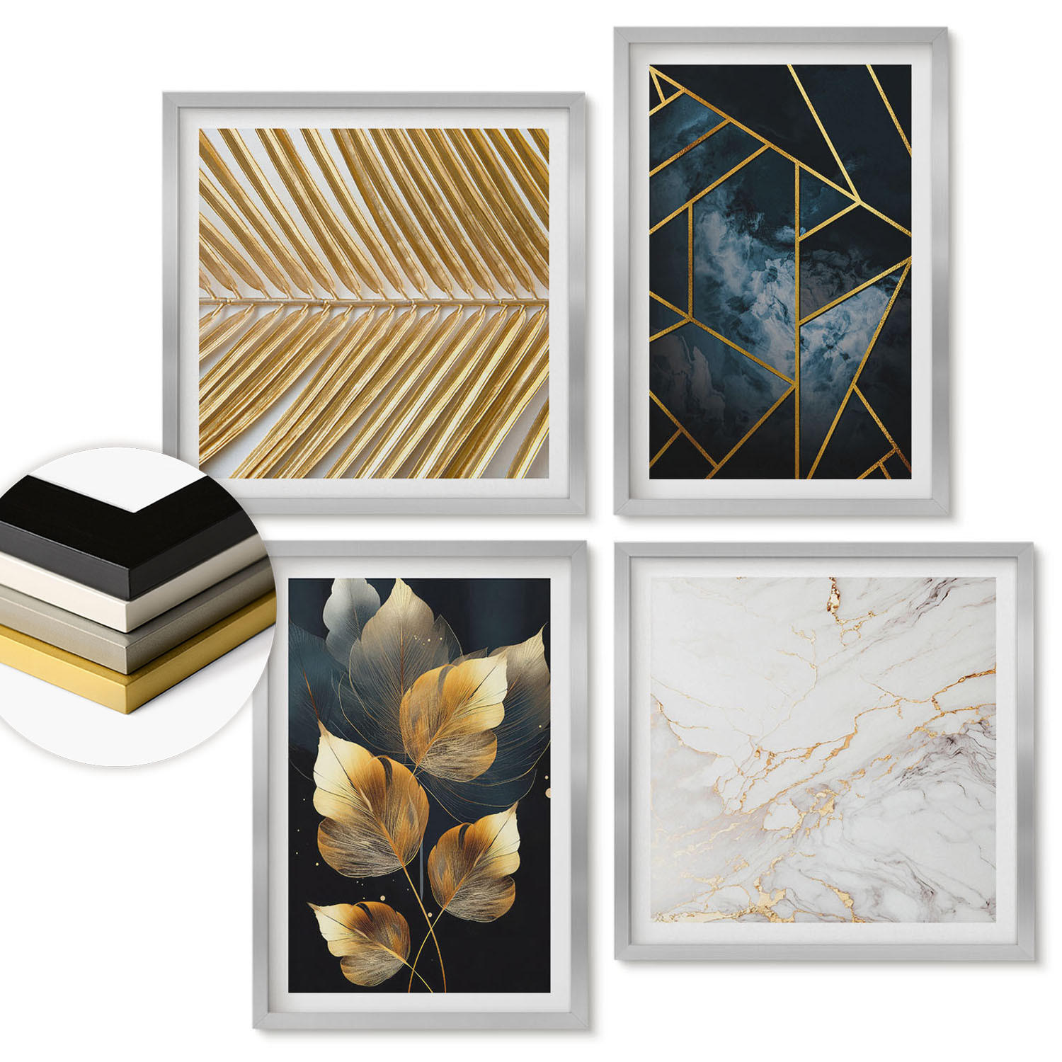 WANDBILDER 4er Set - 50x50 cm & 40x60 cm Silberner Rahmen - Moderne Pflanzenmuster - Silberfarben, Kunststoff (50/50cm) - ArtPrintCave