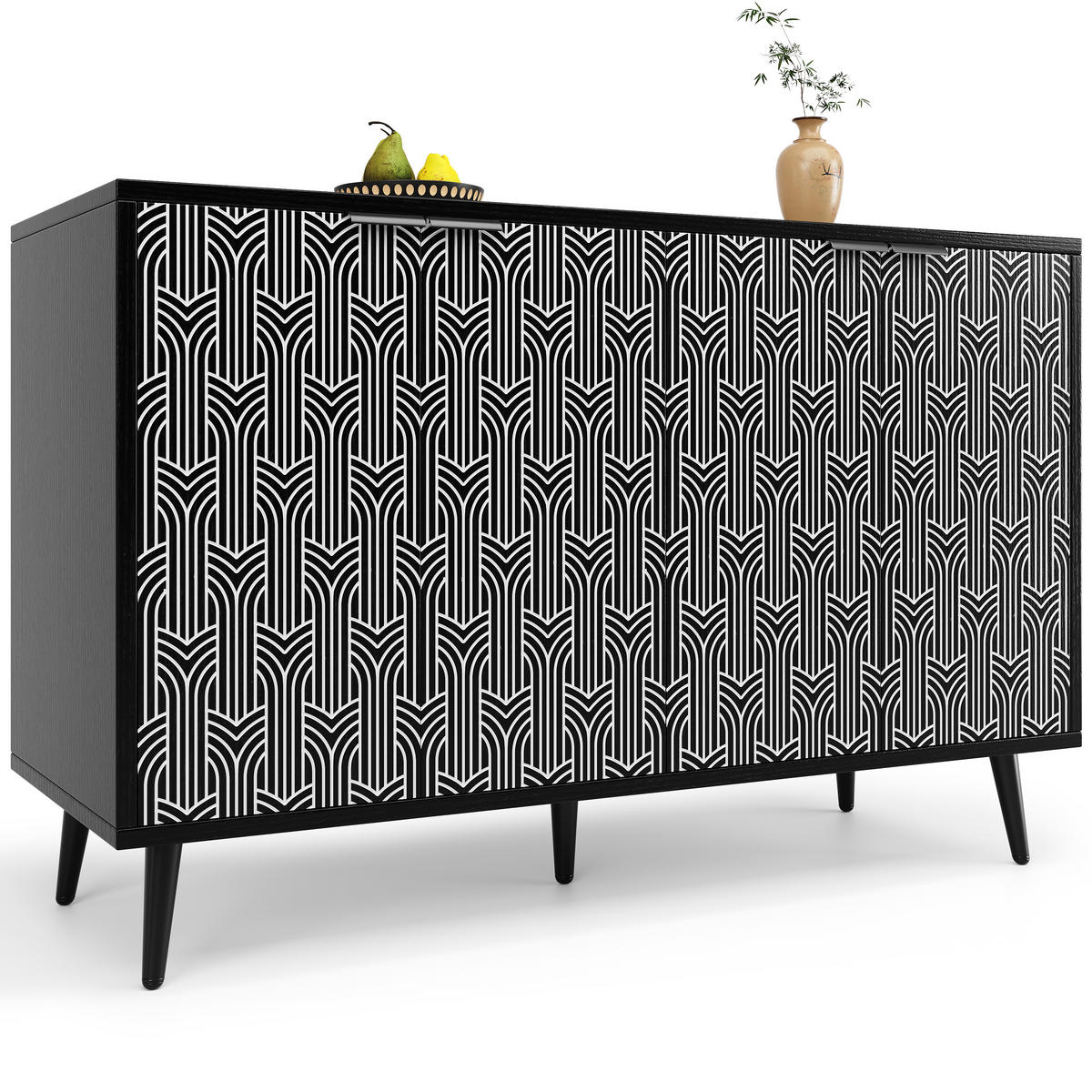 SIDEBOARD 120/35/78 cm, schwarz-weißes Geometriemuster, verstellbare Einlegeböden, Schwarz - Schwarz, Holzwerkstoff (120/78/35cm) - Redom