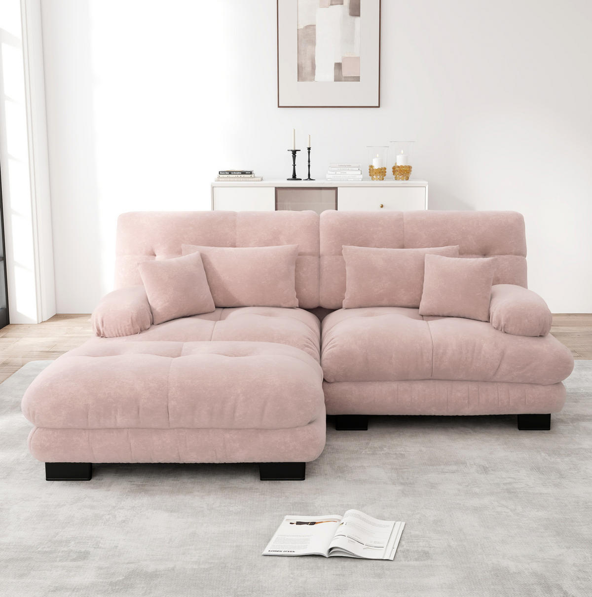 ECKSOFA 220/145/81 cm pink aus Chenille mit Ottomanen und Kissen - Pink, Textil (145/220cm) - OKWISH