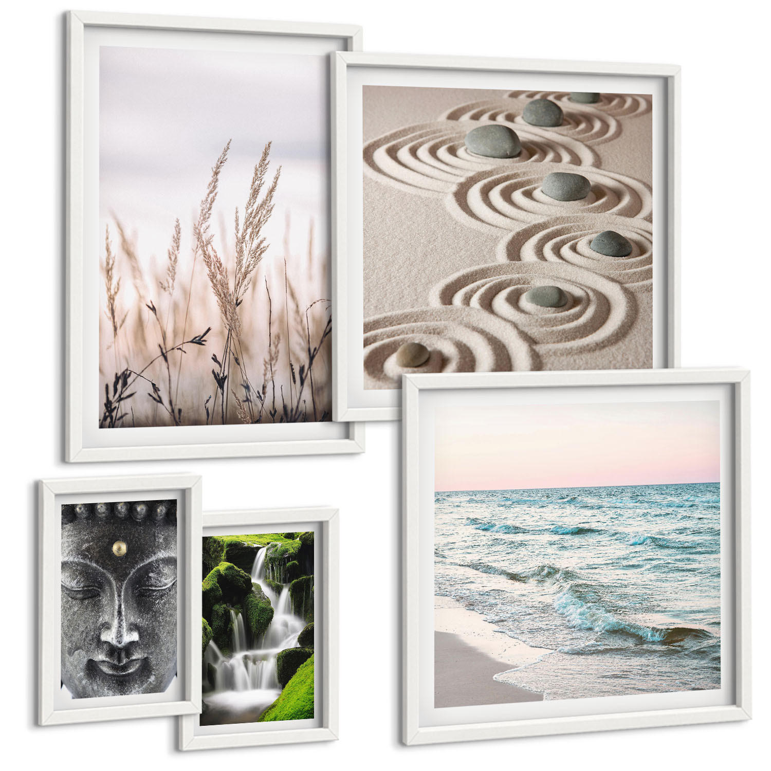 BILDER SET 5er Set - 50x50 cm & 20x30 cm & 40x60 cm Weißer Rahmen - Nachthimmel, Berge, Sterne - Weiß, Kunststoff (40/60cm) - TULUP