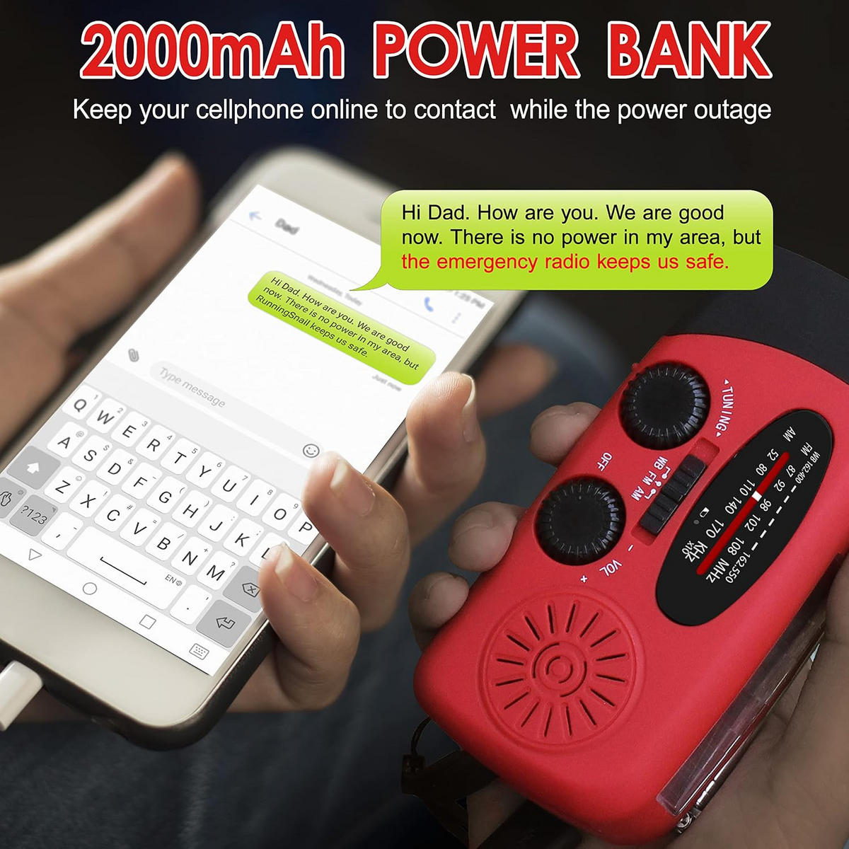RADIO – NOAA AM/FM – Handkurbel-Generator / LED-Taschenlampe / 2000-mAh-Powerbank – Rot - Rot, Kunststoff (12.7/4.57/6cm) - DCA