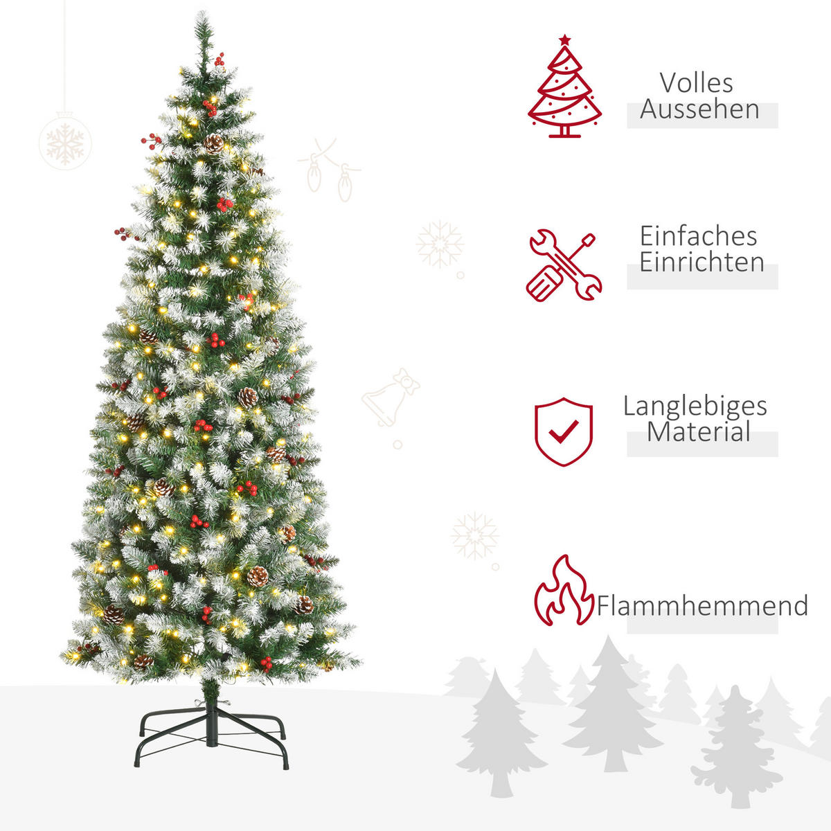 WEIHNACHTSBAUM 1,8 m Christbaum 618Zweige mit LED-Lichter Beeren PVC Grün+Weiß - Multicolor, Kunststoff (180cm) - HOMCOM