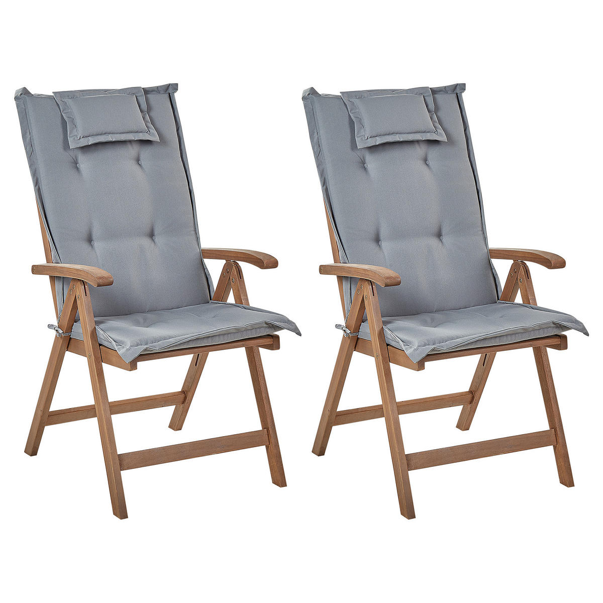 GARTENSTUHL 2er-Set Akazienholz dunkelbraun Auflagen grau Amantea - Dunkelbraun/Grau, Holz (54/105/69cm) - Beliani