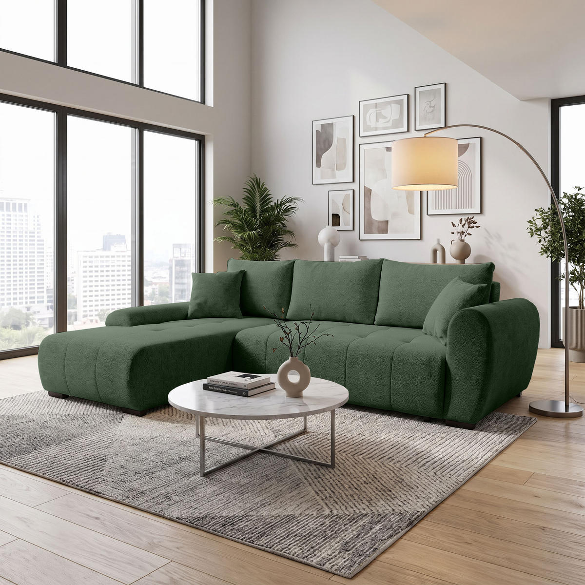 ECKSCHLAFSOFA Dallas mit Bettkasten, 255 cm, Flaschengrün, links, Velour-Stoff - Grün, Textil (255/175cm) - Beautysofa