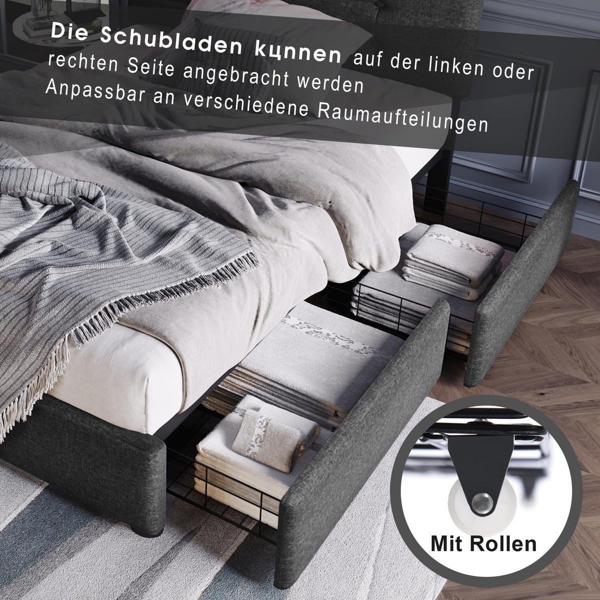 POLSTERBETT 90/200 cm in Grau Leinen mit LED und 2 Schubladen - Grau, Holzwerkstoff/Textil (90/200cm) - WISHDOR