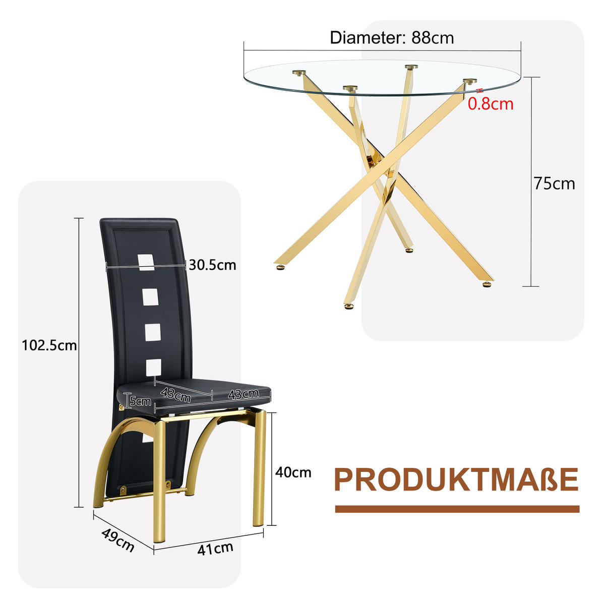 ESSGRUPPE DE-39452 5-teilig, Glastisch und 4 Stühlen mit Lochmuster Schwarz/Gold - Goldfarben/Schwarz, Metall (88/75/88cm) - ComfortXL