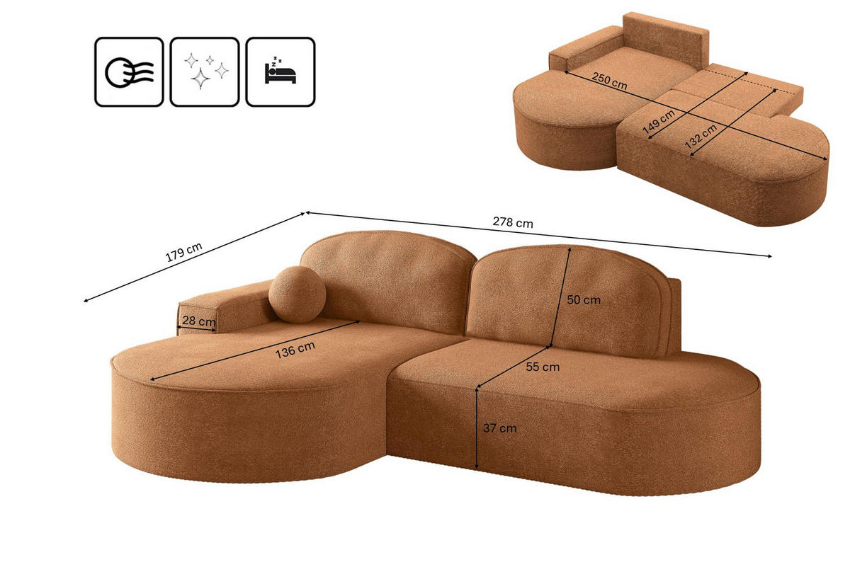 ECKSOFA mit Schlaffunktion und Bettkasten Modena Runden stoff Arena Orange Links - Orange, Holz (179/278cm) - Kaiser Möbel