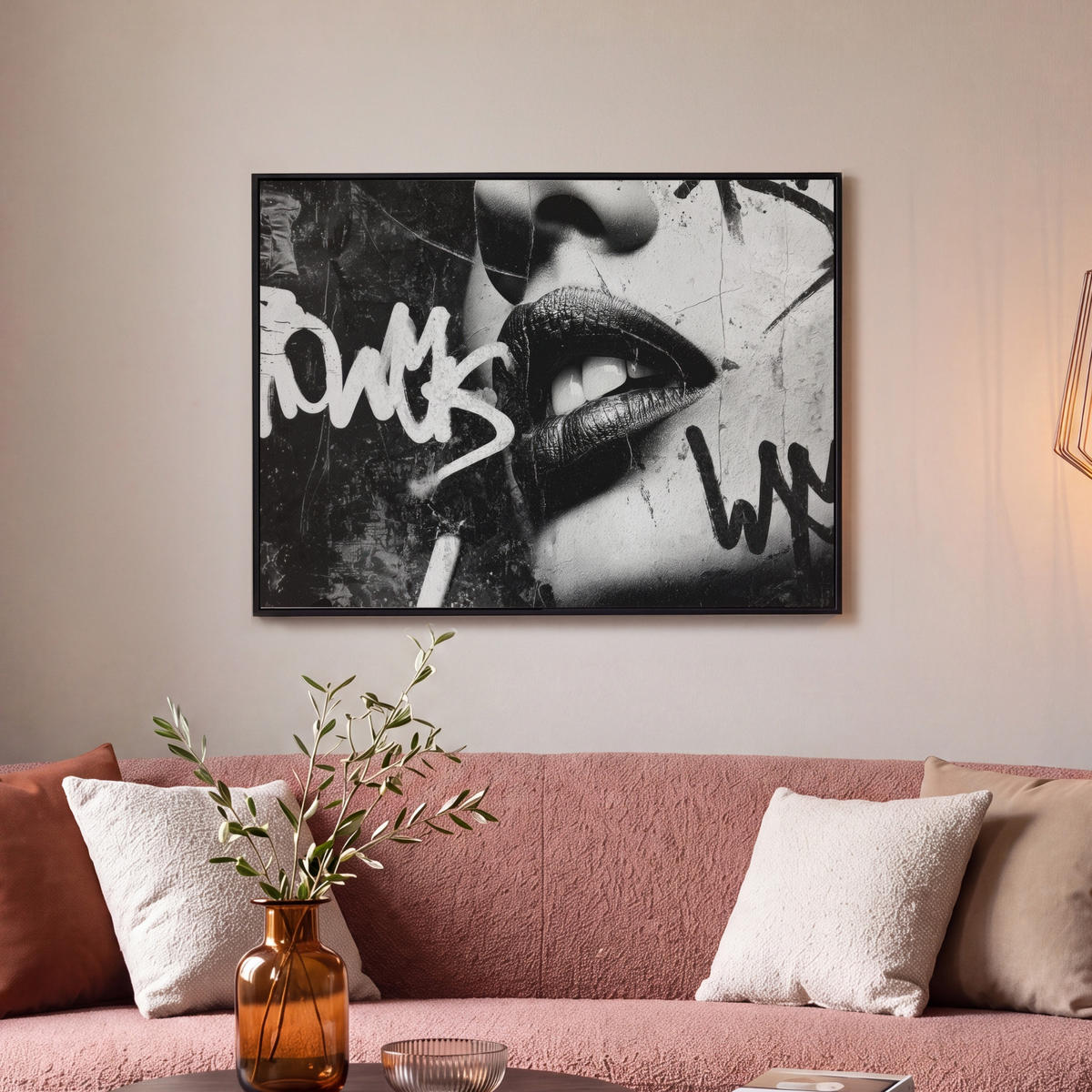 LEINWAND Bilder mit Rahmen - Gesicht - Mund - Graffiti - Schwarz - 70x50 - Schwarz, Textil (70/50cm) - MuchoWow