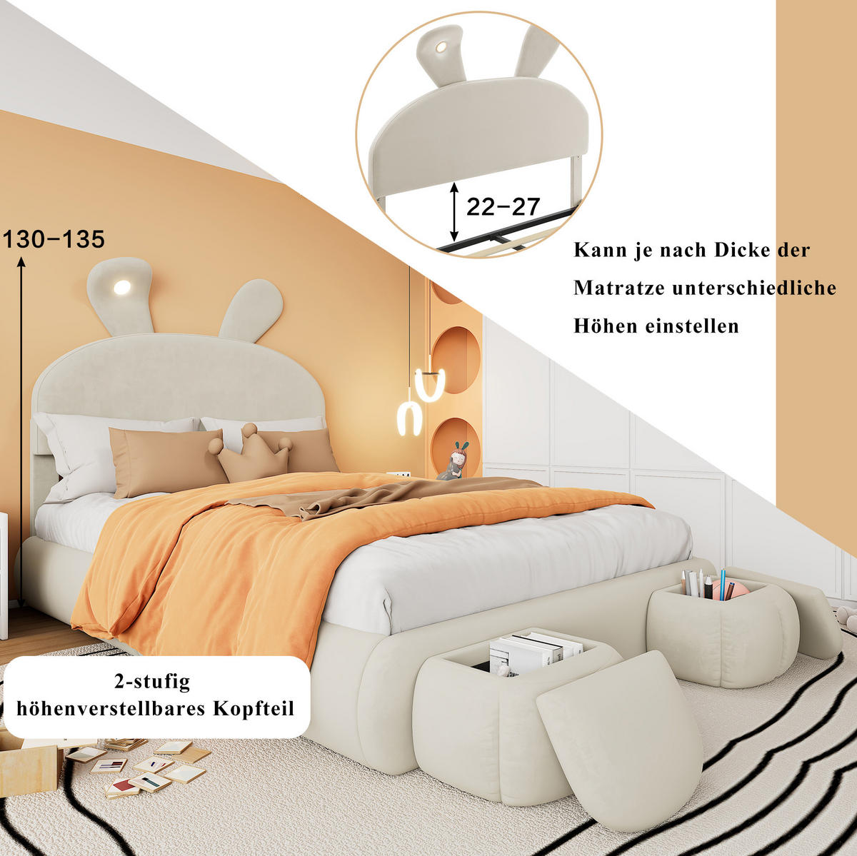 TAPECIRANI krevet 140/200 cm s LED osvjetljenjem, hidrauličnim spremištem i 2 taburea, Bež - bijela, tekstil (140/200cm) - Redom