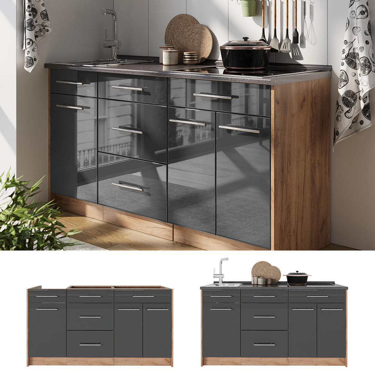 KUCHYNSKÝ BLOK Fame-Line, Antracit vysoký lesk, 150 cm, AP Marble - čierna s vysokým leskom, kompozitné drevo (150/82/60cm) - Vicco