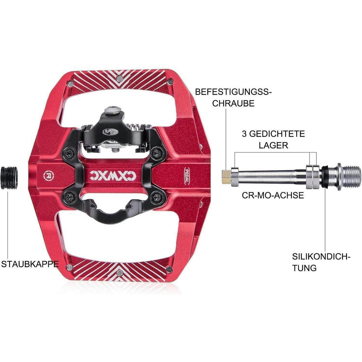 FAHRRADPEDALE Rot Aluminiumlegierung mit 3 Lagern - Rot, Metall (3.9/1.5/4.3cm)