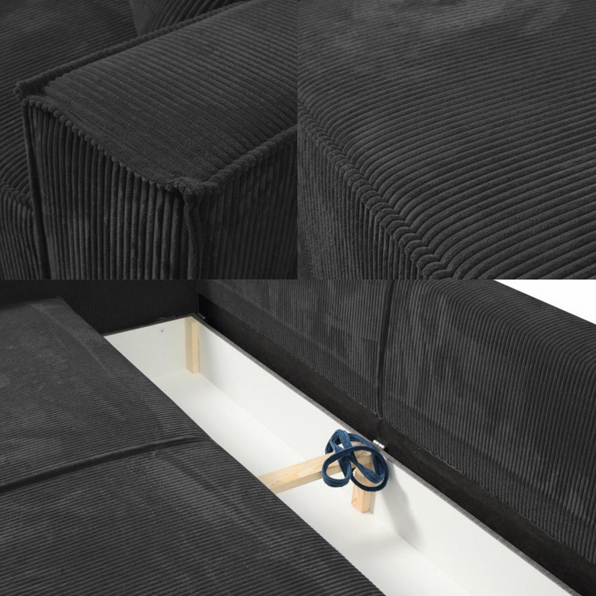 SCHLAFSOFA mit Bettkasten und Cordstoff MONA Schwarz - Schwarz, Holzwerkstoff (255/85/105cm) - Compleo24