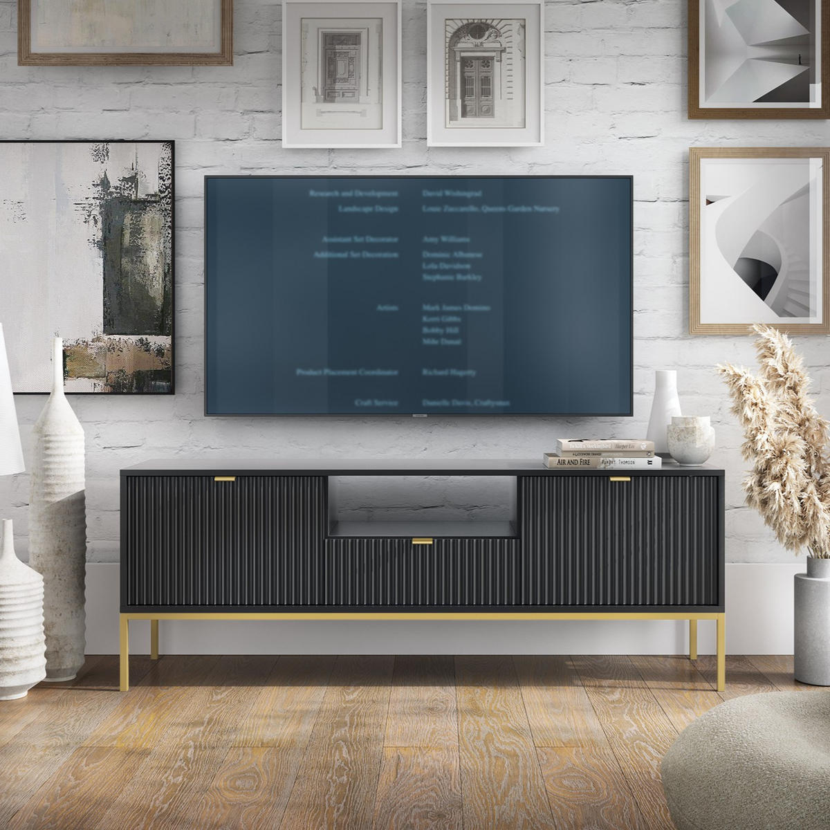 SCHWARZES Modernes Geriffeltes TV-Board KIOTO RTV2D1SZ (Gold Gestell, Soft-Close Türen) - Goldfarben/Schwarz, Holz/Holzwerkstoff (154/56/39cm) - Ravio