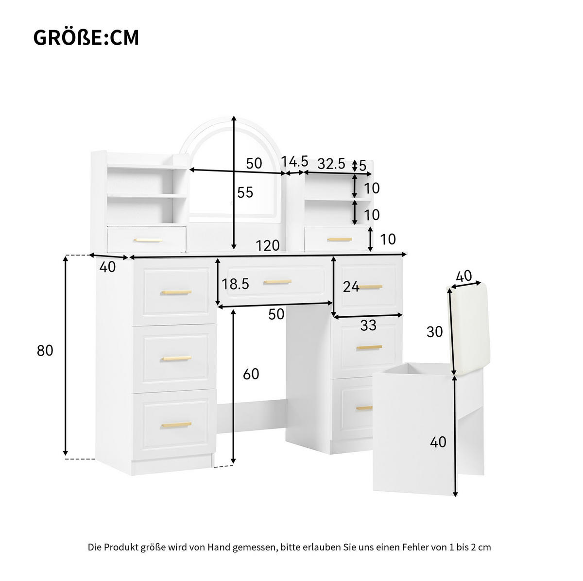SCHMINKTISCH 120/40/135 cm Weiß mit LED-Beleuchtung und viel Stauraum aus Spanplatte - Weiß, Holzwerkstoff (40/135/120cm) - OKWISH