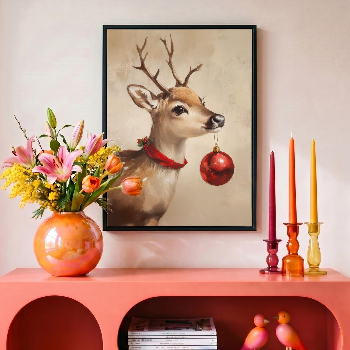 LEINWAND Bilder mit Rahmen - Weihnachten - Hirsch - Geweih - Weihnachtskugel - Rentier - 30x40 - Hellbraun, Textil (30/40cm) - MuchoWow