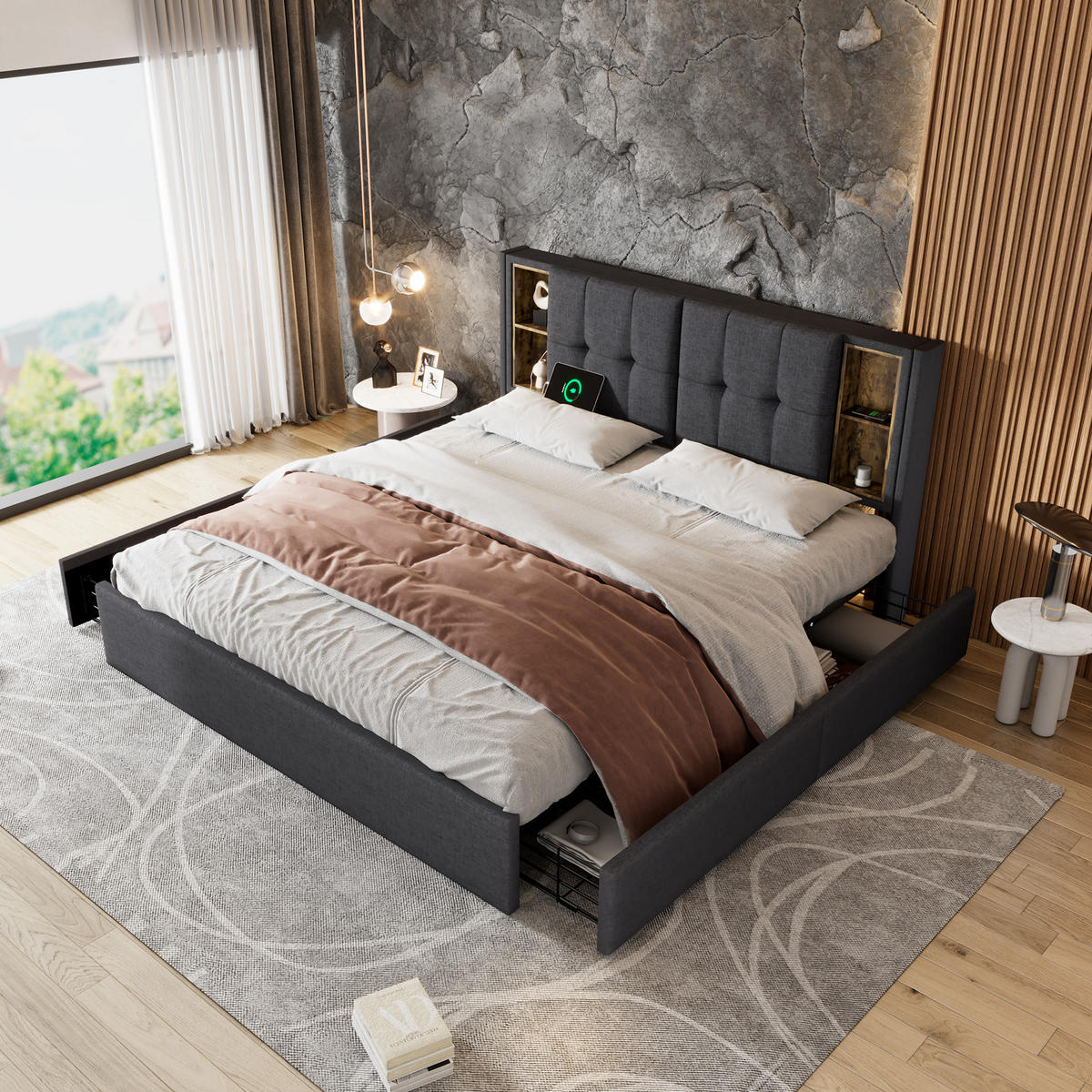 POLSTERBETT 160/200 cm in Grau Leinen mit 4 Schubladen, USB und Type-C - Grau, Holzwerkstoff/Textil (160/200cm) - WISHDOR