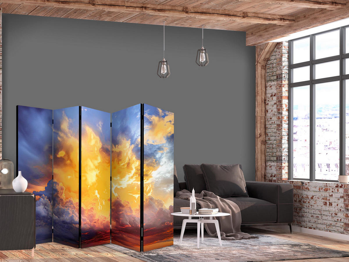 PARAVÁN Obojstranný 5-dielny 225x172 cm Západ Slnka a Oblaky - žltá, drevo/textil (225/172/3cm) - Muralo