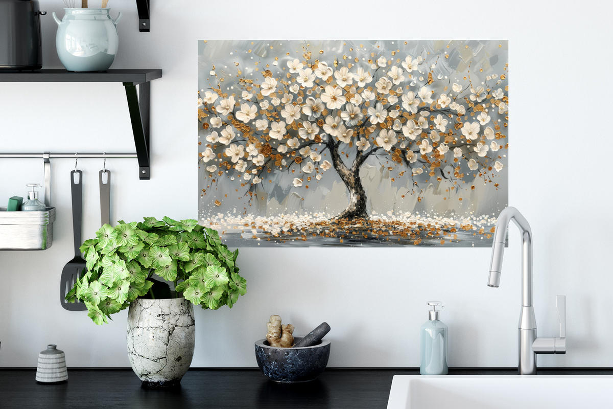 WANDTATTOO Baum - Blumen - Weiß - Natur - Kunst 60x40 cm - Weiß, Kunststoff (60/40/0.1cm) - MuchoWow