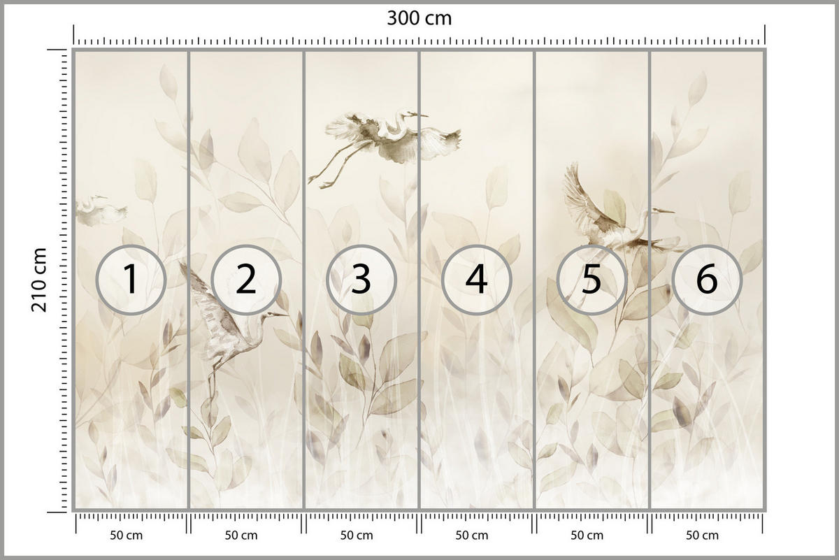 FOTOTAPETE Vögel Blätter Wiese Retro Stil 300x210 - Beige, Papier (300/210cm) - Muralo