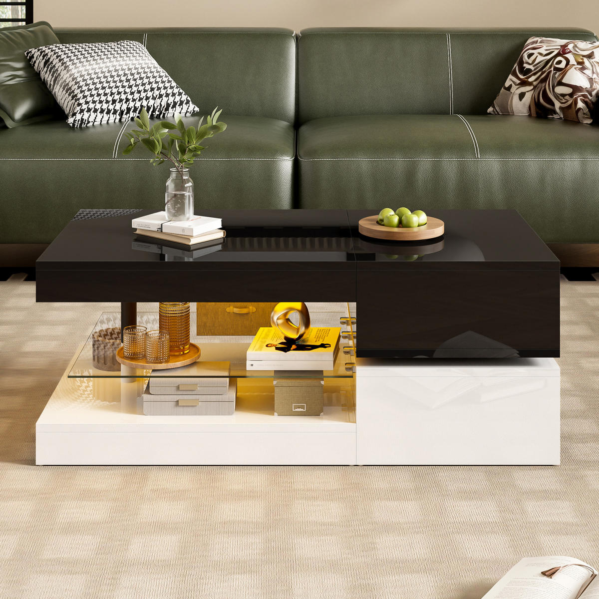 COUCHTISCH Schwarz Weiß mit LED und Glasablage - Schwarz, Metall (90/45/34cm)