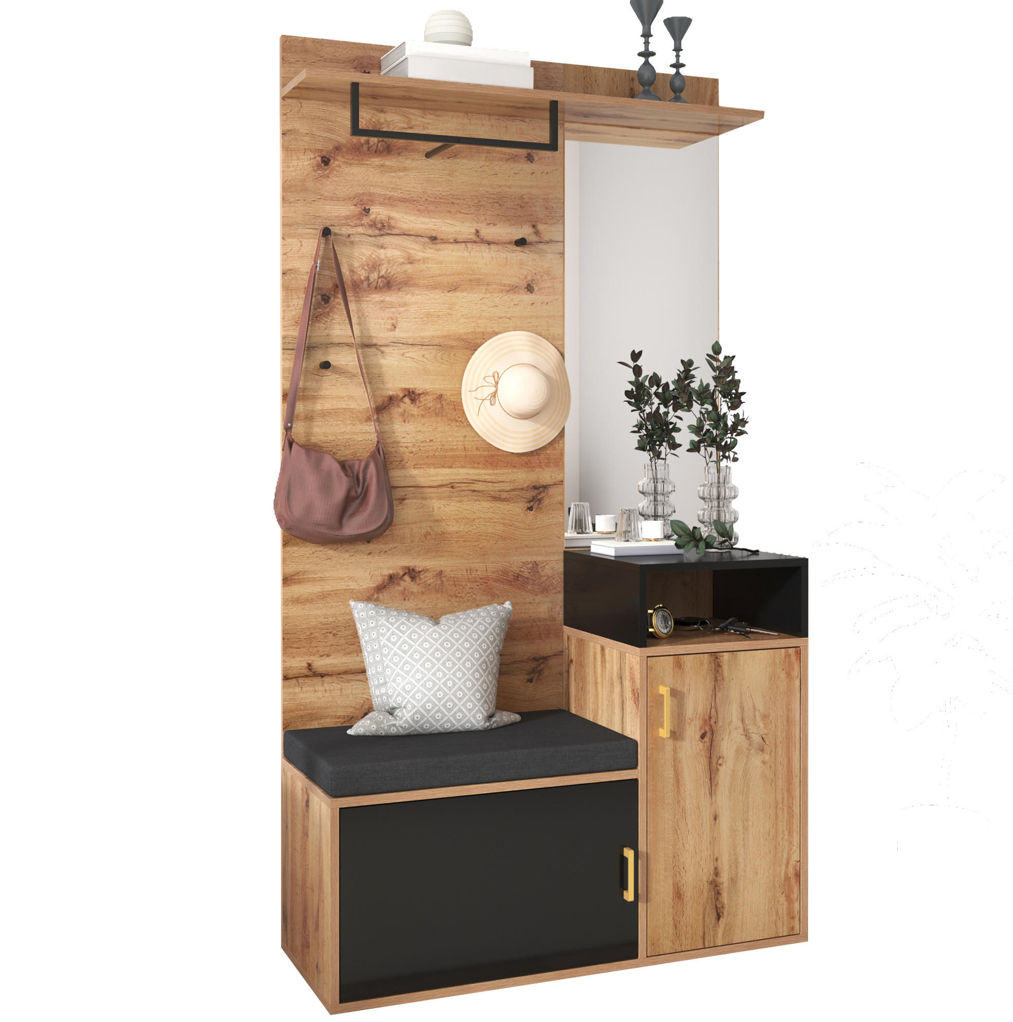 DIELENGARDEROBE mit Spiegel, Sitzbank und 4 Haken 105/40/191,5 cm - Schwarz, Holzwerkstoff (105/191/40cm) - BEAOK