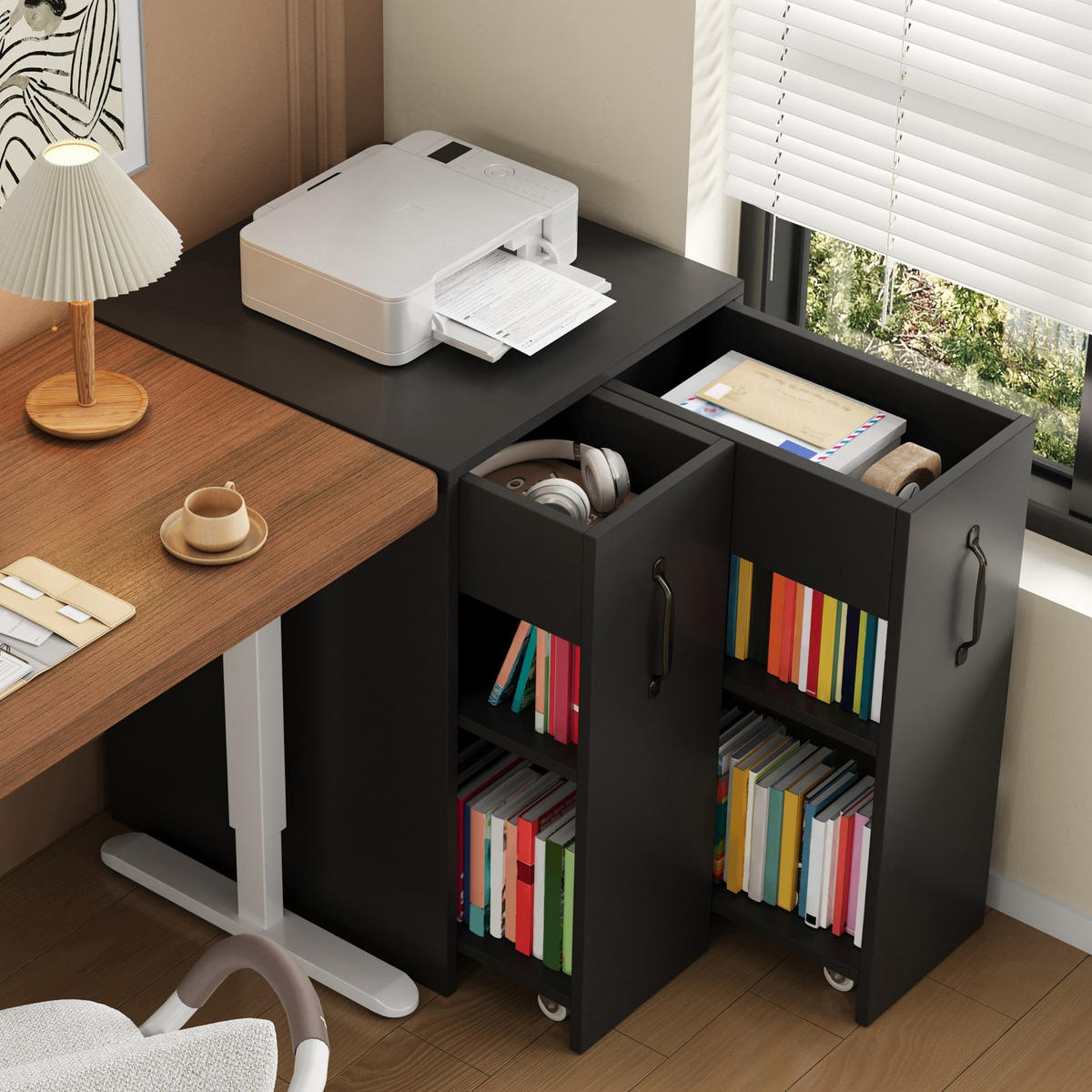 SIDEBOARD 52/50/75 cm mit 2 ausziehbaren Modulen, 8 Rollen und flexiblem Stauraum aus Spanplatte, Schwarz - Schwarz, Holzwerkstoff (52/75/50cm) - Redom