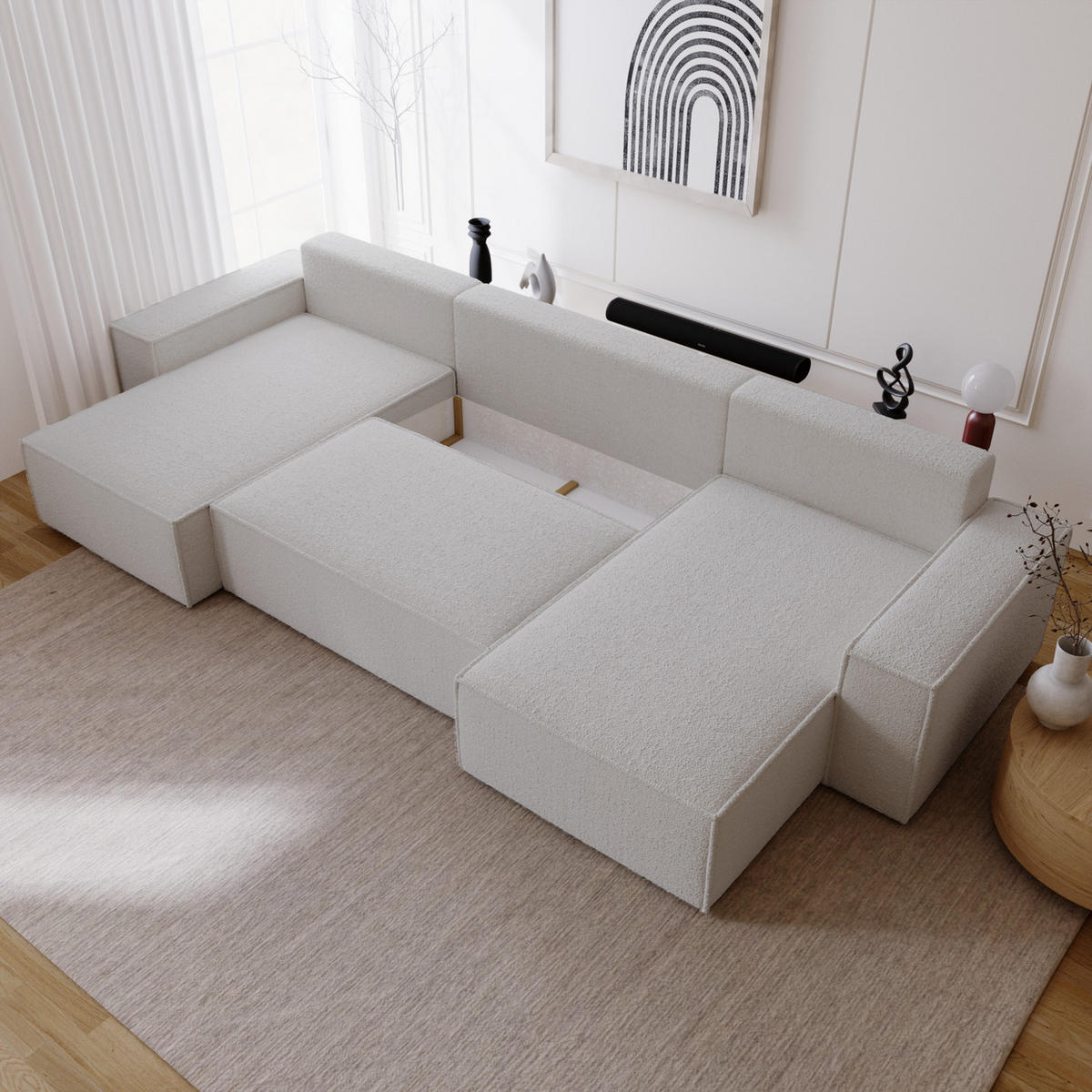 ECKCOUCH Bergamo U Bouclé mit Schlaffunktion, 380 cm, Hellgrau - Hellgrau, Holz (377/189cm) - Emporius