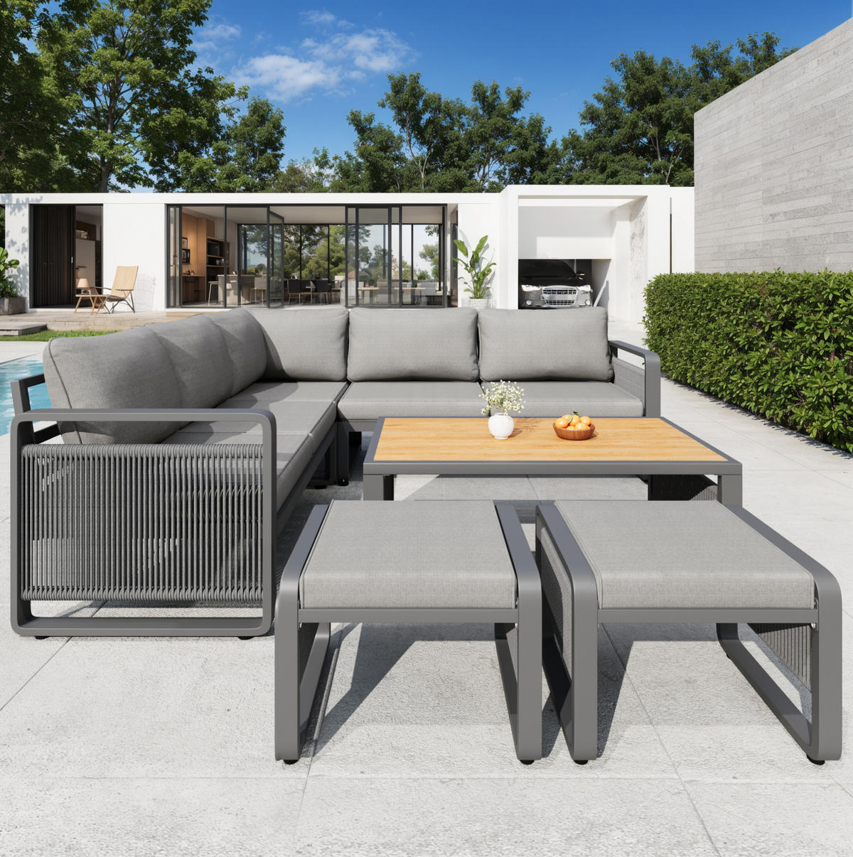 GARTENLOUNGE-SET 185/185/66,5 cm mit verstellbaren Füßen, Seilgeflecht und Polstern, Grau - Grau, Metall - Redom