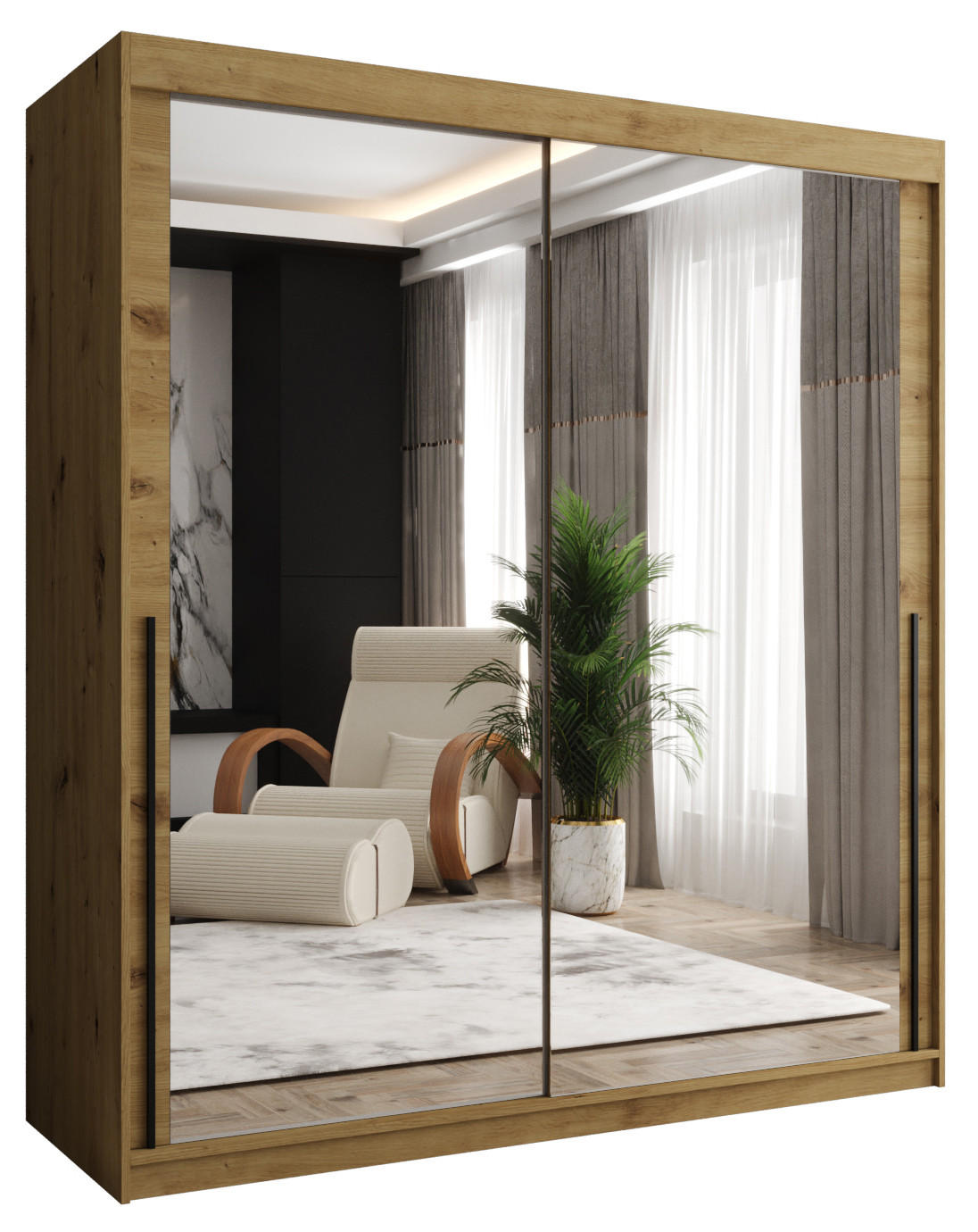 ŠATNÍKOVÁ SKRIŇA S POSUVNÝMI DVERAMI so zrkadlom, šírka 180 cm, Artisan s čiernym madlom - čierna/dub artisan, kompozitné drevo (180/200/62cm) - Home Collective