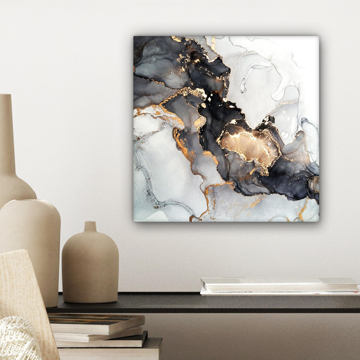 LEINWANDBILD Marmor - Schwarz - Weiß - Gold - Luxus - Abstrakt 20x20 cm - Goldfarben, Textil (20/20cm) - MuchoWow