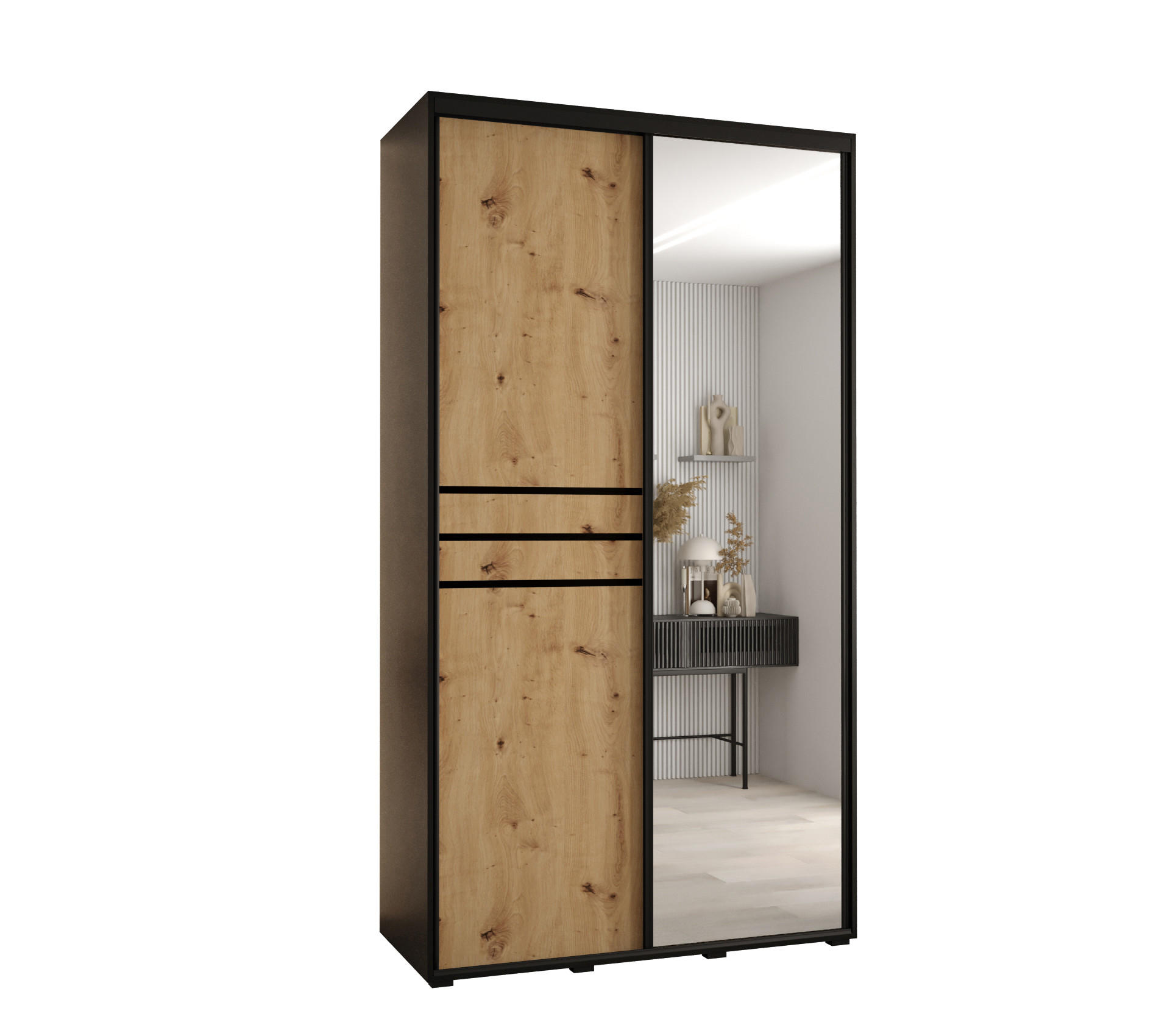 Abiks Möbel Schwebetürenschrank Schwarz, Eiche Artisan, Schwarz 130x235x45 cm