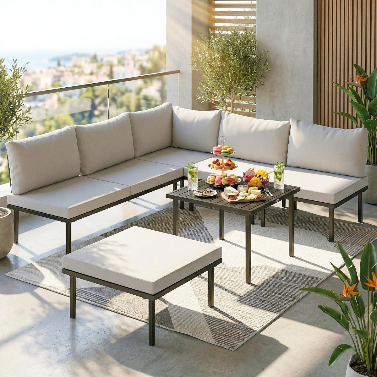 LOUNGE GARTENMÖBEL SET DE-06609, 2 Stühle, Eckstuhl, Lamell-Tisch, Fußhocker - Hellgrau, Textil/Metall - ComfortXL