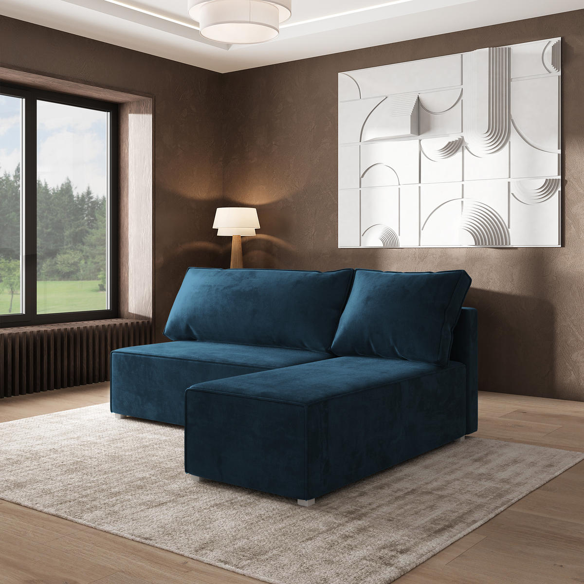 ROHOVÁ SEDAČKA BRISO modrá - šedá/modrá, dřevo/textil (200/140cm) - MASSENO