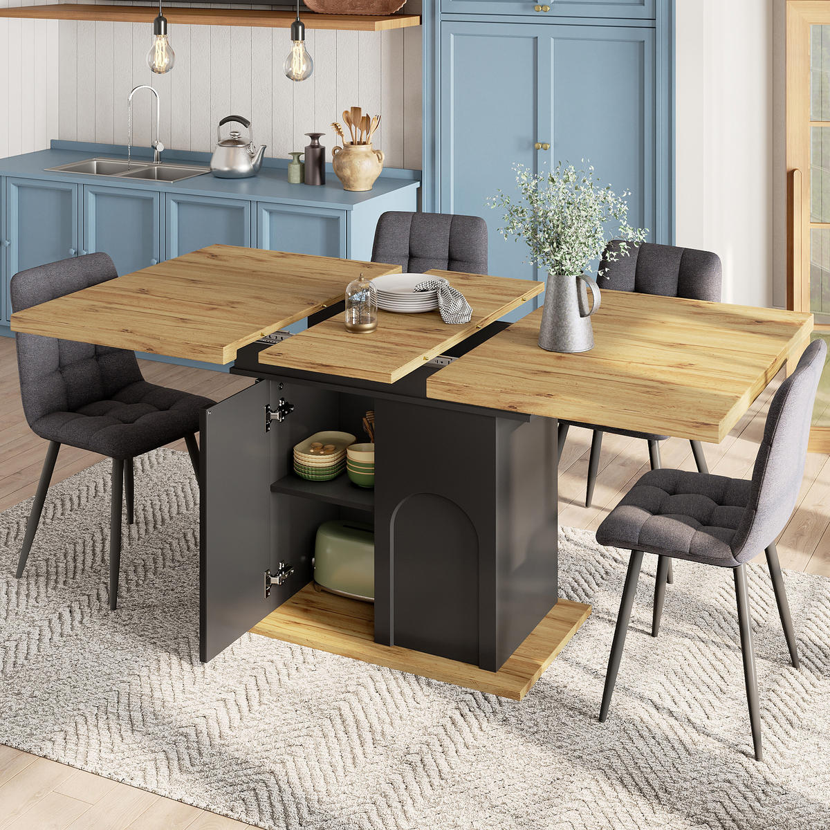 ESSTISCH ausziehbar 110-140/80/76 cm mit Stauraum DE-39602 Holzoptik - Schwarz, Holzwerkstoff (80/110/76cm) - ComfortXL