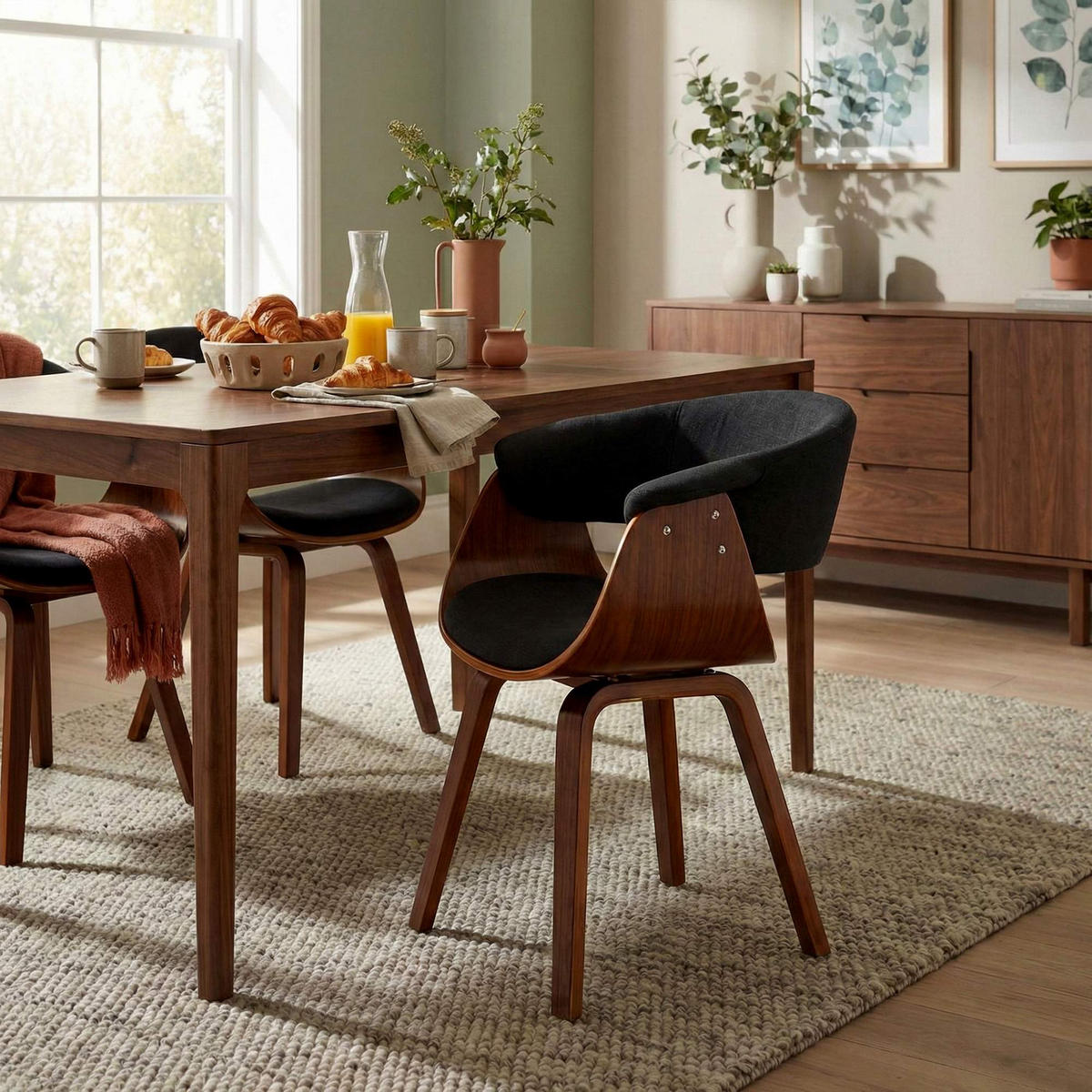 STUHL Stoff Schwarz - Walnussfarben/Schwarz, Holz/Textil (60/75/55cm) - CLP