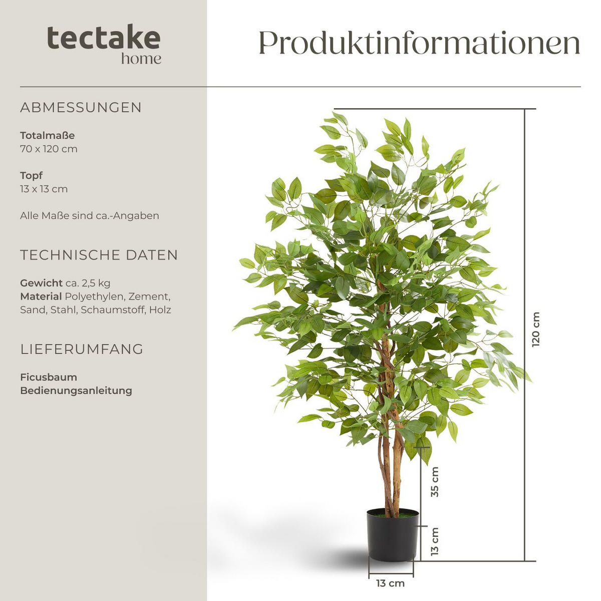 KÜNSTLICHER-FICUSBAUM Fida, stabiler Kunststoff-Blumentopf, grün - Grün, Kunststoff (120cm) - tectake